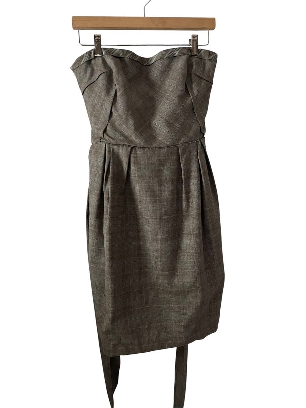 Lida Baday Sz12 Strapless Plaid Wool Blend Sheath Dress, Grey Plaid, Tie Belt